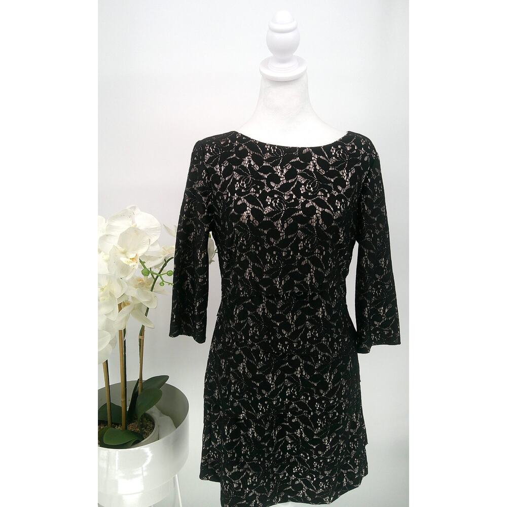 Tahari Womens Black Metallic Floral Stretch 3/4 Sleeve Lace Overlay Dress Sz 10